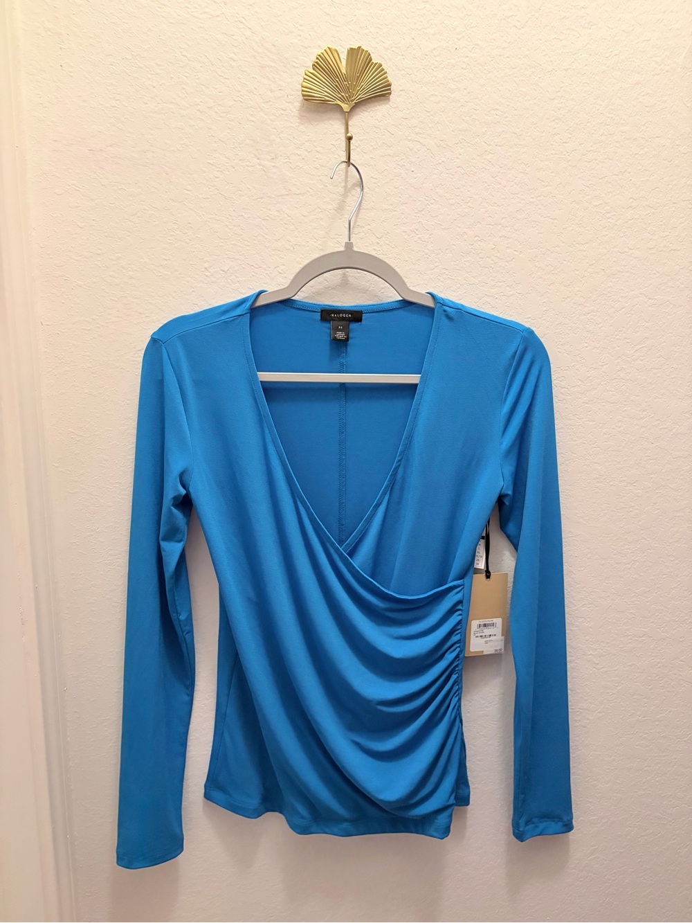 NWT Halogen Nordstrom Ruched Faux Wrap Top Blue Women’s Size XS